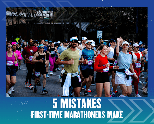 A large group of marathon runners, dressed in athletic gear and race bibs, run together on a city street. The image has text that reads: "5 Marathon Mistakes First-Time Marathoners Make. Austin Marathon Half Marathon & 5K