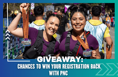 Two smiling women in purple shirts hold up medals at a race finish line. Other participants are in the background. Text overlay reads: "GIVEAWAY: Win registration back with PNC for your chance to celebrate at the finish line!. Austin Marathon Half Marathon & 5K