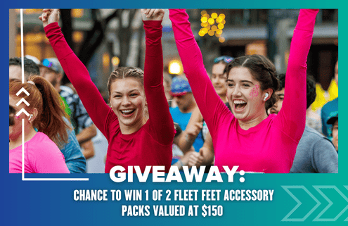 Two women in bright pink shirts cheer with arms raised among a crowd at an outdoor event. Text reads: "GIVEAWAY: Chance to win 1 of 2 Fleet Feet accessory packs valued at $150—enter now using the template provided!. Austin Marathon Half Marathon & 5K