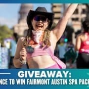A smiling person in sunglasses, a black hat, and a pink top poses with one arm raised at an outdoor event. Text reads: “GIVEAWAY: Enter for a chance to win entries to the Maudies Moonlight Run and a Fairmont Austin spa package.”. Austin Marathon Half Marathon & 5K