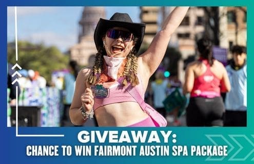 A smiling person in sunglasses, a black hat, and a pink top poses with one arm raised at an outdoor event. Text reads: “GIVEAWAY: Enter for a chance to win entries to the Maudies Moonlight Run and a Fairmont Austin spa package.”. Austin Marathon Half Marathon & 5K