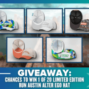 Five different Run Austin Alter Ego hats displayed on a blurred city background. Text below reads: "Giveaway: Your chance to win 1 of 20 limited edition Run Austin hats. Austin Marathon Half Marathon & 5K