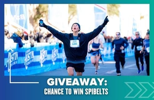 A runner with arms raised triumphantly crosses the finish line at the Maudie's Moonlight Run, surrounded by other racers. Text reads: “GIVEAWAY: CHANCE TO WIN ENTRIES.” Blue banners and spectators are visible in the background. Austin Marathon Half Marathon & 5K
