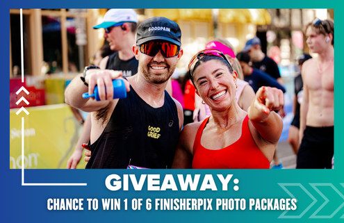 A smiling man and woman in athletic gear pose for a race photo, both pointing towards the camera. Text reads: "GIVEAWAY: Enter to win 1 of 6 FinisherPix Photo Packages. Austin Marathon Half Marathon & 5K