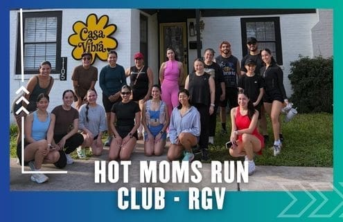 A group of women and a few men in athletic wear pose and smile outside a building with a yellow "Casa Vibra" sign, representing their running club. Text at the bottom reads "HOT MOMS RUN CLUB - RGV. Austin Marathon Half Marathon & 5K