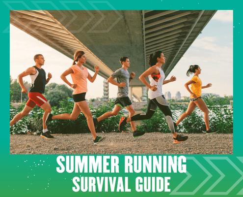 Five people run under a bridge on a gravel path in bright athletic wear. Greenery and a city skyline are visible in the background. Text at the bottom reads, “SUMMER RUNNING SURVIVAL GUIDE” with summer running tips. Austin Marathon Half Marathon & 5K