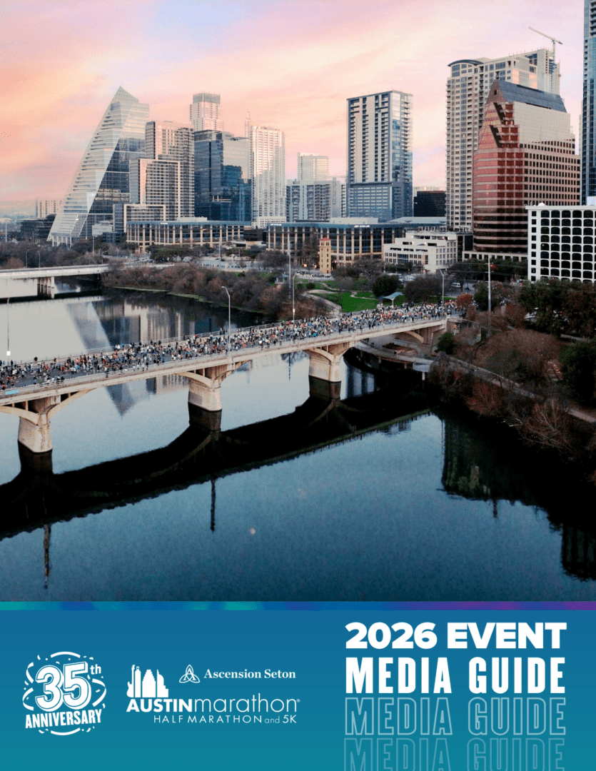 A large crowd of runners crosses a bridge in downtown Austin, Texas, with the city skyline in the background. The image highlights the 2026 Austin Marathon’s 35th anniversary for use in the official Austin Marathon media guide. Austin Marathon Half Marathon & 5K