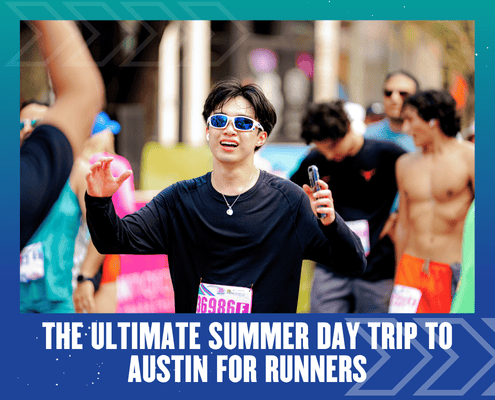 A smiling runner in sunglasses and a race bib raises his hands in celebration among other runners at an outdoor event. Text reads: "The Ultimate Summer Day Trip Austin Adventure for Runners. Austin Marathon Half Marathon & 5K