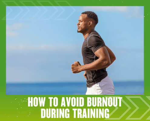 A man in athletic clothing jogs outdoors near the ocean under a clear sky. The image is framed in green, with the text "Burnout Prevention: How to Avoid Burnout During Training" at the bottom. Austin Marathon Half Marathon & 5K