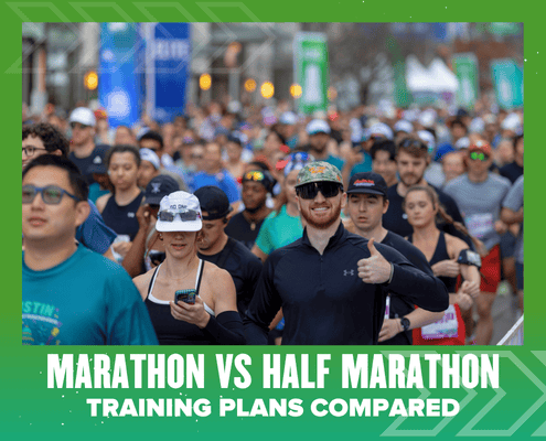 A large group of runners wearing athletic gear participate in a race. A man in the center smiles and gives a thumbs up. The text reads: "Marathon vs Half Marathon: Training Plans Compared—find the best marathon training for you. Austin Marathon Half Marathon & 5K