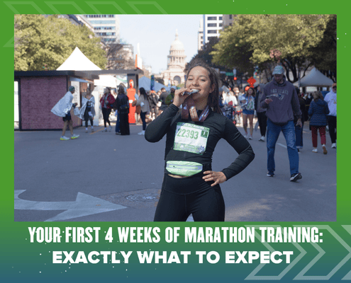 A woman wearing a race bib stands in the street, smiling and holding a medal after completing her Marathon Training. Text reads: “Your first 4 weeks of marathon training: Exactly what to expect.” People and trees are visible in the background. Austin Marathon Half Marathon & 5K