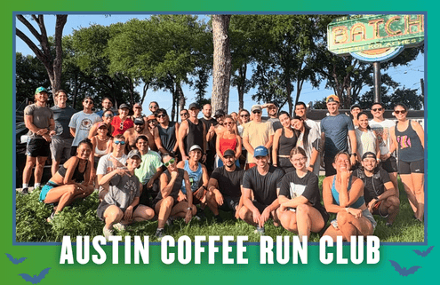 A large group of people in athletic wear pose together outdoors in front of trees and a Batch sign, under text reading “Austin Coffee Run Club” on a colorful border, celebrating KickOff Week with an energetic group run inspired by the spirit of the East Side Beer Runners. Austin Marathon Half Marathon & 5K