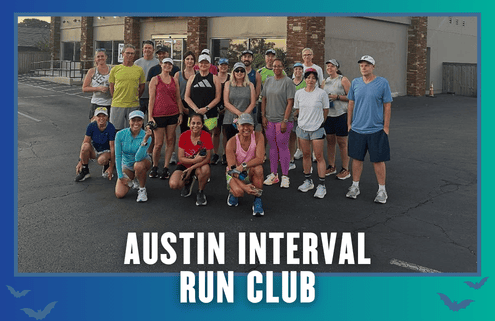 A group of runners poses outside a building for a photo, smiling and dressed in athletic gear after their group run. The text at the bottom reads, “Austin Interval Run Club.” The image has a blue and teal border with small bat graphics, capturing the energetic spirit of South Austin’s Rise and Run community. Austin Marathon Half Marathon & 5K