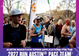 Runners participate in a marathon, with one man in sunglasses and a blue tank top leading, as others follow. A purple banner below promotes 2027 RUN AUSTIN Pace Team applications. Austin Marathon Half Marathon & 5K
