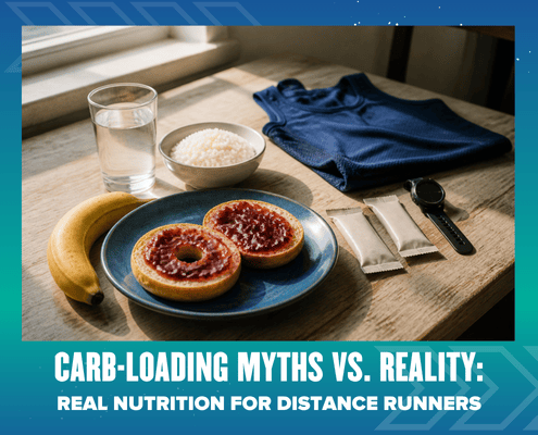 A plate with jam-topped bagels, a banana, rice, bars, water, a blue shirt, and a sports watch on the table. Text: “Carb-Loading Myths vs. Reality: Real Nutrition for Distance Runners.”. Austin Marathon Half Marathon & 5K