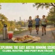 Three people jog on a tree-lined trail beside a table with tacos and drinks. The city skyline is visible in the background. Text reads: “Exploring the East Austin Running Scene: Clubs, Routes, and Post-Run Tacos.” Perfect for anyone curious about East Austin running clubs or searching for the best spots to enjoy post-run tacos. Austin Marathon Half Marathon & 5K