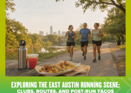 Three people jog on a tree-lined trail beside a table with tacos and drinks. The city skyline is visible in the background. Text reads: “Exploring the East Austin Running Scene: Clubs, Routes, and Post-Run Tacos.” Perfect for anyone curious about East Austin running clubs or searching for the best spots to enjoy post-run tacos. Austin Marathon Half Marathon & 5K