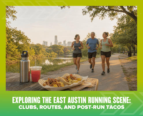 Three people jog on a tree-lined trail beside a table with tacos and drinks. The city skyline is visible in the background. Text reads: “Exploring the East Austin Running Scene: Clubs, Routes, and Post-Run Tacos.” Perfect for anyone curious about East Austin running clubs or searching for the best spots to enjoy post-run tacos. Austin Marathon Half Marathon & 5K
