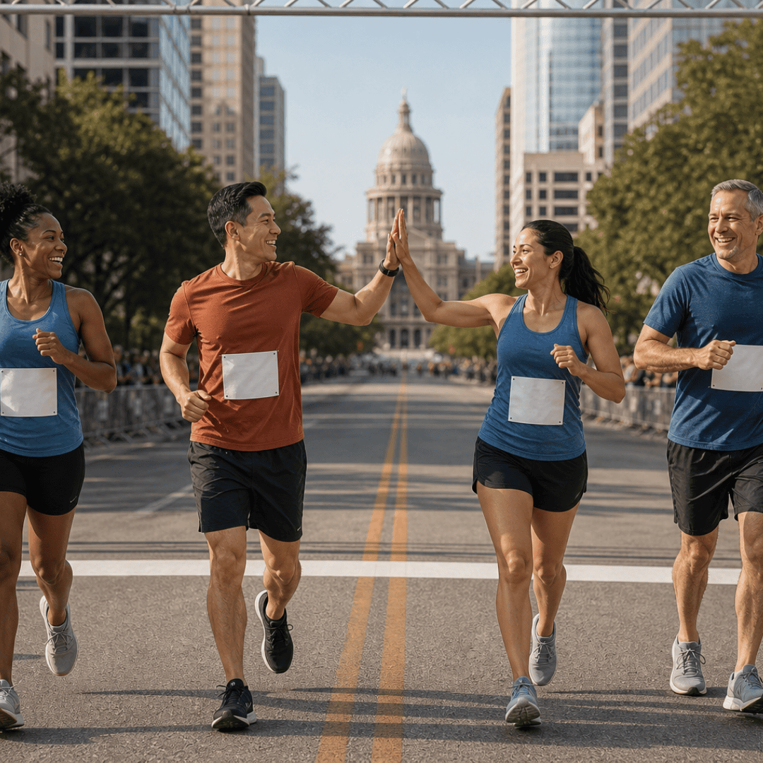 Four runners smile and high-five while jogging together on a city street, with an Austin run club passing a domed capitol building as spectators watch from the sides. Austin Marathon Half Marathon & 5K
