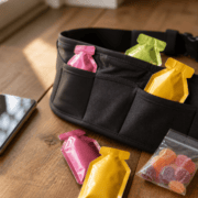 A black running belt with colorful energy gel packets and a bag of gummy candies sits on a wooden surface near a smartphone—perfect essentials for your Running Gear Checklist as you prepare for Official Training. Austin Marathon Half Marathon & 5K