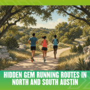 Three people run on a scenic, winding trail surrounded by trees and greenery. Text at the bottom reads: “Hidden gem running routes in North and South Austin.” Discover your next favorite Running routes Austin adventure along these South Austin running paths and North Austin running escapes. Austin Marathon Half Marathon & 5K