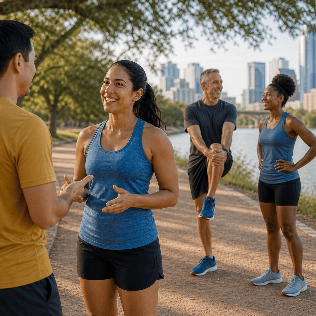 Four adults are outdoors on a trail. Two chat up front in athletic wear, while another man and woman stretch in the background—an ideal scene for Austin run clubs with a city skyline visible behind the trees. Austin Marathon Half Marathon & 5K