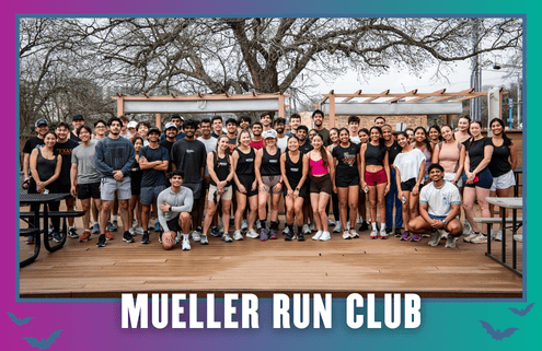 A large group of people in athletic wear pose together on a wooden deck outdoors, smiling. Trees and pergolas are in the background. Text at the bottom reads “Mueller Run Club – KickOff Week Group Run.”. Austin Marathon Half Marathon & 5K