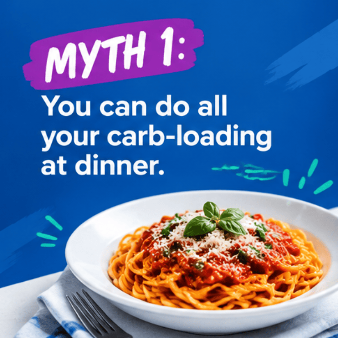 A plate of spaghetti with tomato sauce and basil is in front of a blue background. Text reads: “Myth 1: Distance runners can do all their carb-loading at dinner.”. Austin Marathon Half Marathon & 5K