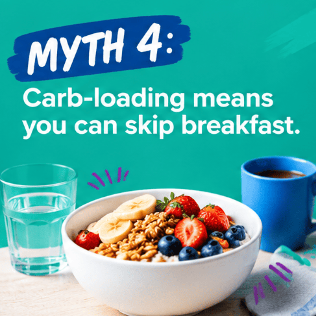 A bowl of granola with banana slices, strawberries, and blueberries sits beside a glass of water and a blue mug, with text stating, “MYTH 4: Distance runners can skip breakfast when carb-loading.”. Austin Marathon Half Marathon & 5K