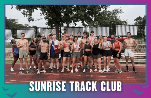 A diverse group of runners in athletic gear poses together and smiles on a wet outdoor track in South Austin, celebrating the start of KickOff Week. The image reads “SUNRISE TRACK CLUB” at the bottom with a blue-to-purple gradient border, capturing the energy of this welcoming group run. Austin Marathon Half Marathon & 5K
