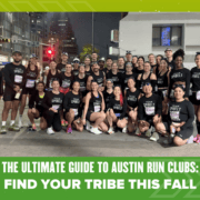 A large group of runners poses together on a city street at night, all wearing matching “Team SpiBelt” shirts. Text below reads: “The Ultimate Guide to Austin running groups: Find Your Tribe This Fall.”. Austin Marathon Half Marathon & 5K