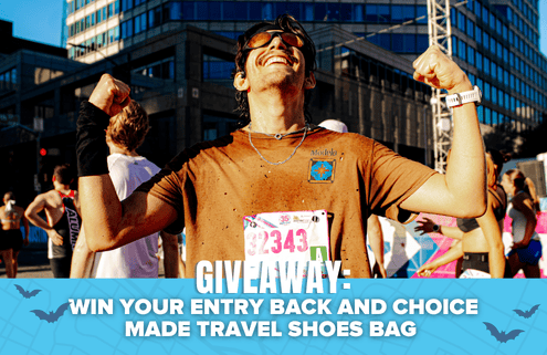 A smiling runner flexes his arms at a race finish line, wearing sunglasses and a medal. Text reads: “GIVEAWAY: WIN YOUR ENTRY BACK, WIN RUNNING SHOES FROM FLEET FEET, AND CHOICE MADE TRAVEL SHOES BAG.”. Austin Marathon Half Marathon & 5K