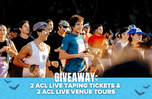 Runners in a race smile and jog outdoors. A blue banner at the bottom reads: “GIVEAWAY: 2 ACL LIVE TAPING TICKETS & 2 ACL LIVE VENUE TOURS” with small bat icons in the corners, inviting you to enter for your chance to win this exciting giveaway. Austin Marathon Half Marathon & 5K