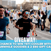 Runners in a city marathon pass spectators; giveaway text at bottom offers a chance to win a Yeti cooler, Meanwhile goodies, two $50 gift cards, and exclusive film passes to the Paramount Theatre. Austin Marathon Half Marathon & 5K