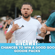 A man running in a race with others, making a shaka hand gesture. Text below reads: “GIVEAWAY: 3 CHANCES TO WIN A GOOD GOOD GOODIE PACKS and an LSKD Running Kit,” with a blue background and bat graphics. Austin Marathon Half Marathon & 5K