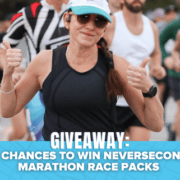 A woman in athletic gear runs in a marathon, smiling and giving two thumbs up. The text on the image reads: “GIVEAWAY: 4 CHANCES TO WIN NEVERSECOND MARATHON RACE PACKS AND AN LSKD RUNNING KIT.”. Austin Marathon Half Marathon & 5K